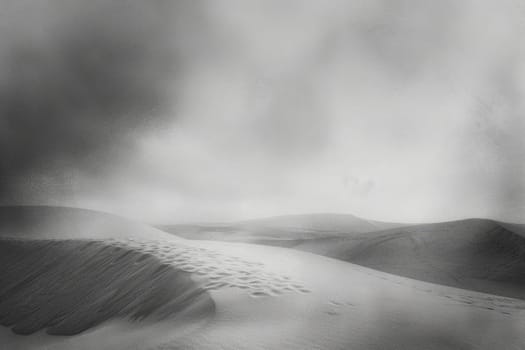 An image of beautiful minimalistic desert landscape with blue sky and white cloud. An abstract picture of desert surrounded by mountain of sand or sand hill and blue sky. Panorama concept. AIG42.