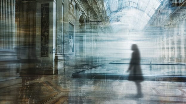 Back view of energetic woman walking in hall way and enjoy looking at impressive picture. Beautiful tourist wandering and exploring at pathway in museum while traveling and visit concert hall. AIG42.