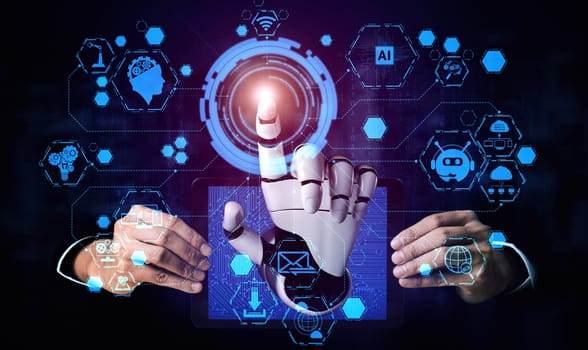 MLP 3D rendering artificial intelligence AI research of robot and cyborg development for future of people living. Digital data mining and machine learning technology design for computer brain.