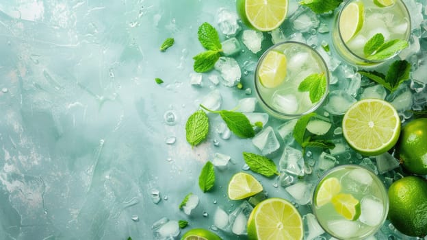 A refreshing beverage made of water, limes, and mint leaves in a glass on the table, perfect for a hot day AIG50