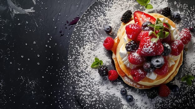 A stack of pancakes topped with strawberries and blueberries on a plate. The perfect combination of sweet fruit and fluffy pancakes, a delicious breakfast choice AIG50