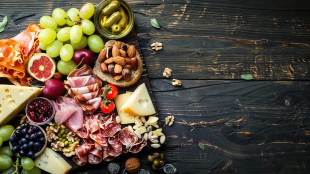 A wooden cutting board displaying an assortment of natural foods like leaf vegetables, vegetables, and ingredients, set on a wooden table for a cuisine event AIG50