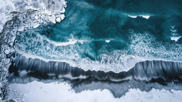 An aerial perspective of a frozen snowy cliff meeting the azure waters of the ocean, showcasing the beauty of this natural geological phenomenon AIG50