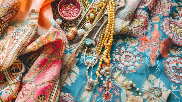A textile table is decorated with yarn, beads, scissors, and flowers. The aqua, electric blue, and magenta colors create a vibrant artistic display of creative arts and patterns AIG50