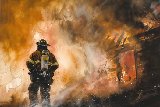 Skilled brave firefighter wearing safety gear and walking at place surrounded with smoke and prepare to put out fire. Portrait of energetic officer wearing protective cloth and survive in fire. AIG42.