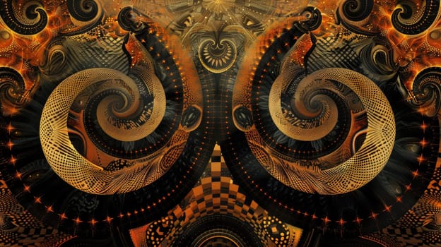 A golden symmetrical fractal pattern with a hint of a face in the center. AIG51A.