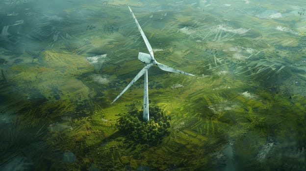 An illustration of a windmill in the middle of a green field with a small clump of trees at its base. AIG51A.