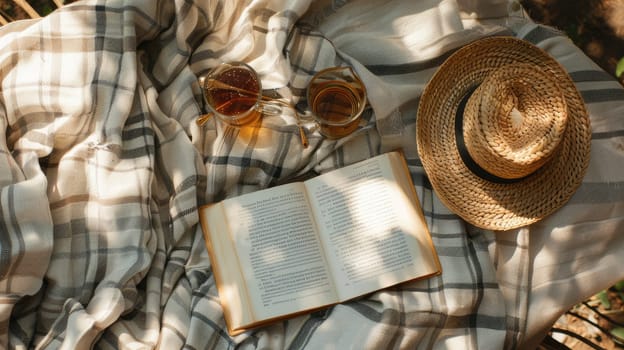 A houseplant in a flowerpot sits on a blanket, surrounded by a book, glasses, and leaves. The scene creates a cozy atmosphere perfect for reading and relaxation AIG50