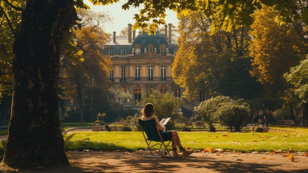 Photography of attractive woman enjoy reading while sitting at green garden with calm. An image of young beautiful happy girl holding a journal and novel while looking and relaxing on chair. AIG42.