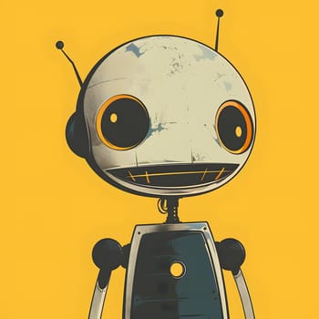 A cartoon robot with big eyes and antennas, painted in bright yellow on a yellow background. The design combines automotive lighting elements with an artistic touch, creating a bold and dynamic look