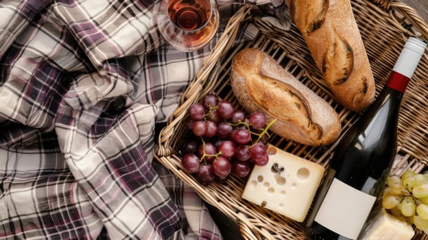 A picnic featuring a bottle of wine, grapes, cheese, bread, and a glass of wine, all laid out on a tartan blanket. The natural foods complement the plantbased recipe perfectly AIG50