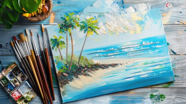 An art painting of a serene beach scene is placed on a wooden table. Brushes and paint are scattered nearby. The painting captures the beautiful sky and water AIG50