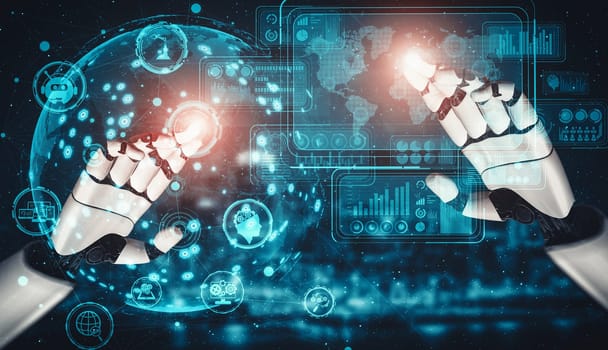 MLP 3D rendering artificial intelligence AI research of droid robot and cyborg development for future of people living. Digital data mining and machine learning technology design for computer brain.