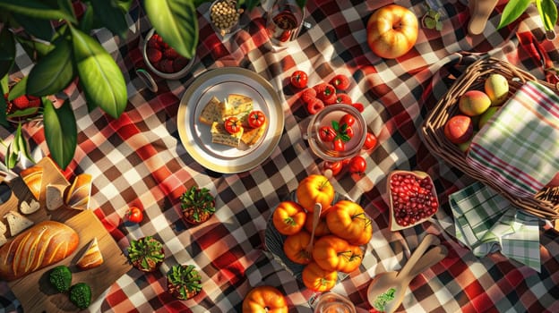 A picnic spread with tableware, fruit, and flowers on a plaid blanket. Enjoy natural foods, vegetable dishes, and a beautiful outdoor event AIG50