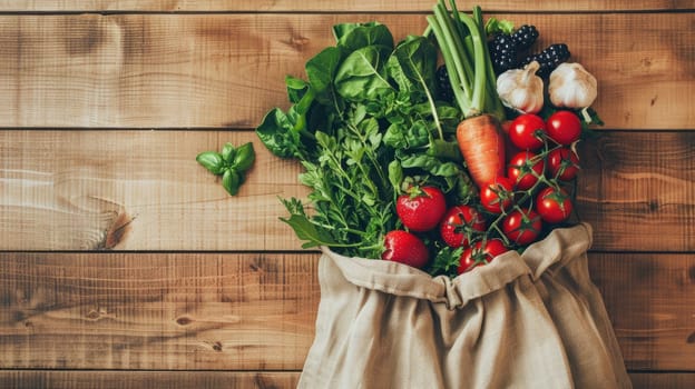 A bag of leaf vegetables, a natural food ingredient full of nutrients, is placed on a rectangular wooden table in preparation for a healthy recipe AIG50