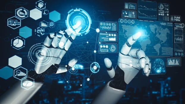 MLP 3D rendering artificial intelligence AI research of droid robot and cyborg development for future of people living. Digital data mining and machine learning technology design for computer brain.