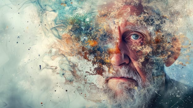 A portrait of realistic painting of middle aged man with wrinkled face and was painted with watercolor. An abstract image of old people face with paint brush. Modern impressionist art concept. AIG42.