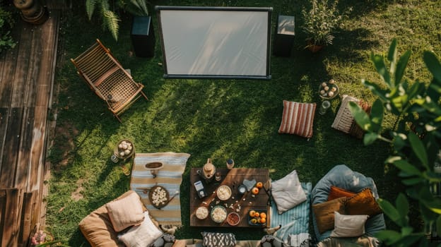 A picnic blanket is spread out on a vibrant green lawn surrounded by tall trees, shrubs, and colorful flowers, creating a picturesque tableau for a relaxing outdoor event AIG50