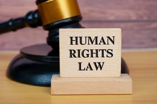 Human rights law text engraved on wooden block. Legal and law concept