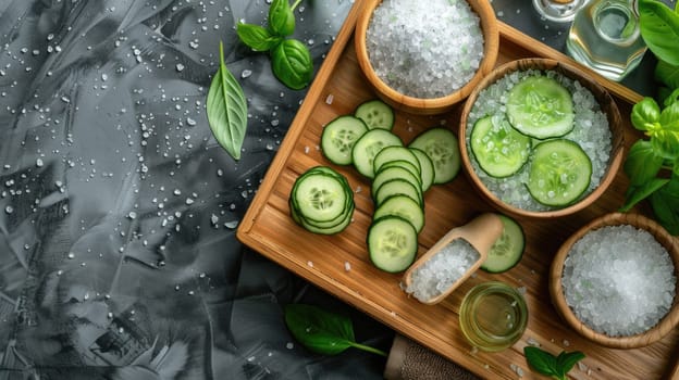 A wooden tray showcasing bowls of lemons, cucumbers, salt, and essential oils, perfect for adding flavor and freshness to dishes. A display of colorful produce and ingredients for a delicious recipe AIG50
