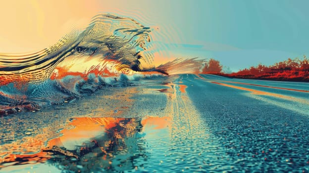 A vibrant painting of a winding road with an electric blue sky and a majestic mountain in the background, showcasing the beauty of natural landscape through art and intricate patterns AIG50