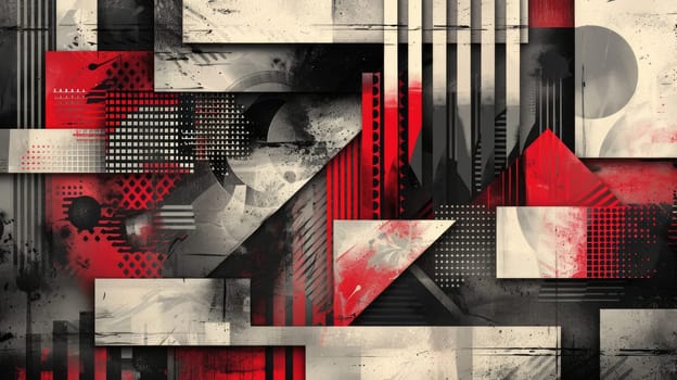 A grungy, geometric, red and white, abstract painting. AIG51A.