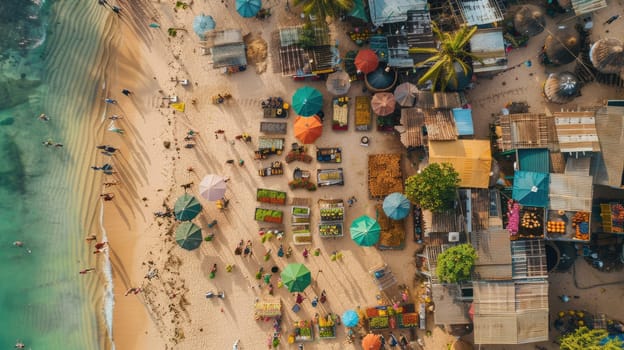 A birdseye view of a beach with colorful umbrellas and tents, surrounded by water and an urban design landscape. Perfect spot for leisure and recreation in the city AIG50