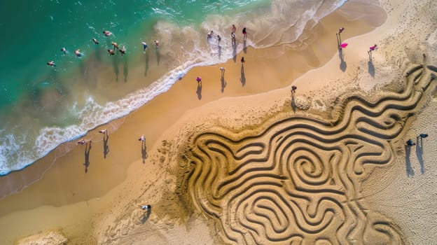 A mesmerizing sand labyrinth, created on a beach, with intricate patterns resembling a work of art. The aerial view captures the harmonious blend of natural materials and landscape AIG50