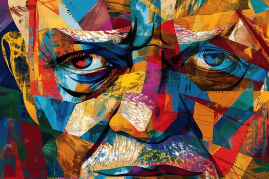 A portrait of creative realistic painting of old middle aged man looking at camera and was painted with vibrant color. Represent emotional of upset, sorrow, unhappy. Modern impressionist art. AIG42.
