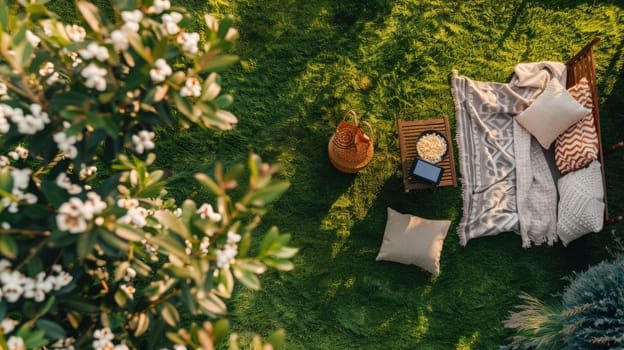 A picnic blanket is spread out on a vibrant green lawn surrounded by tall trees, shrubs, and colorful flowers, creating a picturesque tableau for a relaxing outdoor event AIG50