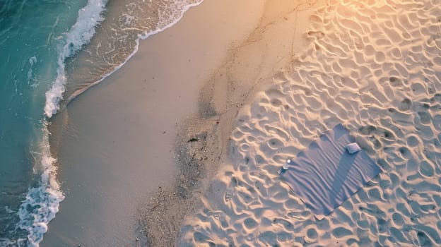 An aerial view of a sandy beach with trees lining the shore and a reflective mirror reflecting the water. The scene combines urban design with natural landscape, creating a leisurely feel AIG50