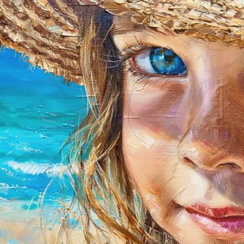 An art painting depicting a young girl with a bright orange hat at the beach, showcasing delicate features like her nose, lips, chin, eyebrows, and eyelashes AIG50