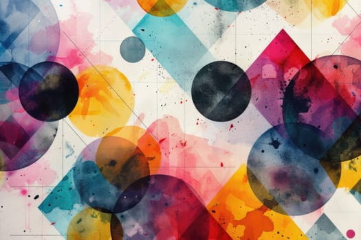 Abstract picture of geometry was painted with vibrant watercolor paint brush.Artwork of geometric shape element picture with colorful splatter pastel color painted in paper. Canvas. AIG42.
