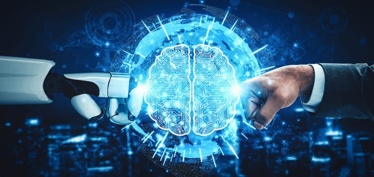 MLP 3D rendering artificial intelligence AI research of droid robot and cyborg development for future of people living. Digital data mining and machine learning technology design for computer brain.
