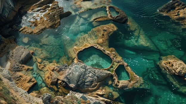 Aerial view of a vast body of water bordered by rocky terrain, showcasing a beautiful natural landscape with a mix of terrestrial plants and trees AIG50