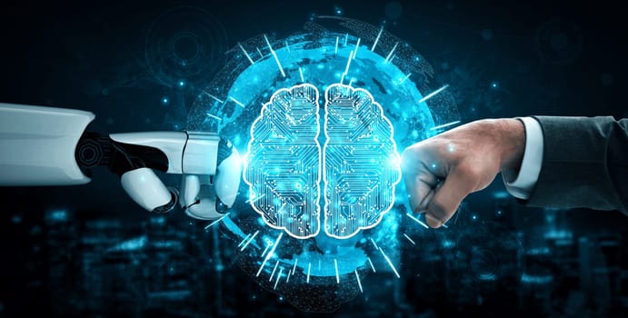 MLP 3D rendering artificial intelligence AI research of robot and cyborg development for future of people living. Digital data mining and machine learning technology design for computer brain.