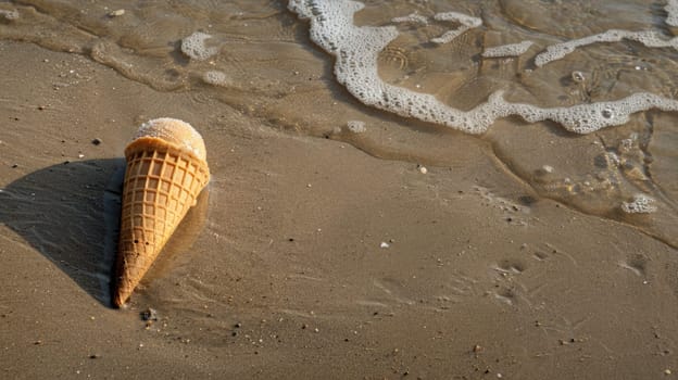 A cone of ice cream protrudes from the sandy landscape on the beach, surrounded by water and wind waves, creating a picturesque horizon AIG50