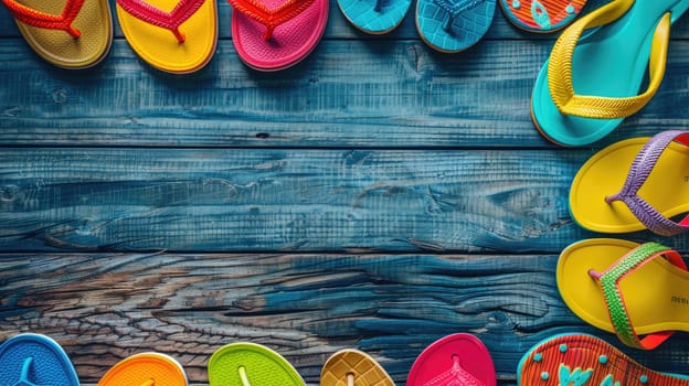 A colorful array of flip flops displayed on a rustic wooden table. The electric blue and magenta hues create an eyecatching pattern, perfect for a summer event snapshot AIG50