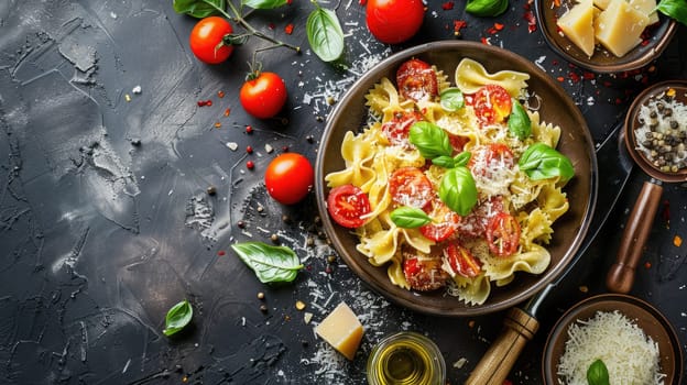 A staple food recipe featuring a bowl of pasta with tomatoes and basil, served on a sleek black tableware. A delicious and natural food dish perfect for sharing AIG50