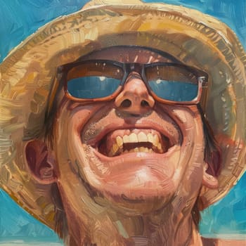 A happy woman in a sun hat and sunglasses is smiling on the beach, enjoying the sun and having fun while on a travel adventure AIG50