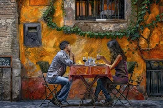 Couple of tourist spending time together while sitting at outside of restaurant decorated with orange brick wall as background. Cute lover talking to each other and enjoy eating in lunch time. AIG42.