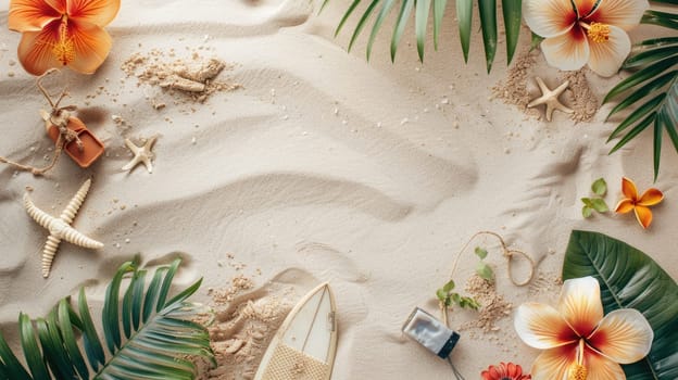 A surfboard rests on a sandy beach, adorned with tropical leaves and flowers. The scene resembles a picture frame of natural art, with vibrant petals and lush greenery AIG50