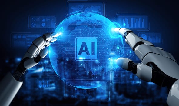 MLP 3D rendering artificial intelligence AI research of robot and cyborg development for future of people living. Digital data mining and machine learning technology design for computer brain.