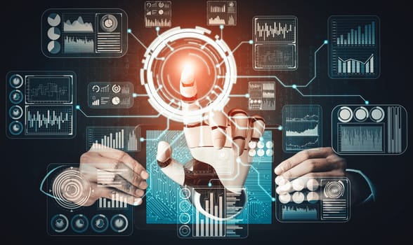 MLP 3D rendering artificial intelligence AI research of droid robot and cyborg development for future of people living. Digital data mining and machine learning technology design for computer brain.