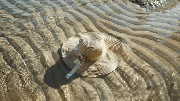 A straw hat rests on a sandy beach, blending in with the natural landscape composed of soil, wood, and aeolian landforms. Terrestrial animals and wildlife may be seen in this macro photography scene AIG50