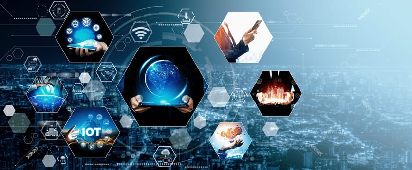Communication technology , smart connection IOT and people network technology concept. People using connective device to connect to the secured internet network and cloud computing server vexel
