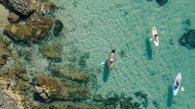 A mesmerizing aerial view of two kayakers gliding through the electric blue waters of the ocean, surrounded by marine life and underwater landscape AIG50