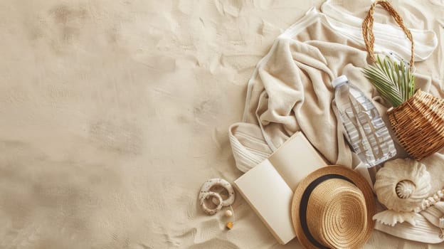 A wooden arch frames the circle of soil where a glass bottle and a fur hat lay on the sandy beach, an eyelash caught on the bottle like a delicate event unfolding AIG50