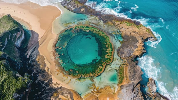 A breathtaking aerial view of a water body encircled by rocks, with green grass and trees creating a stunning natural landscape resembling a painting AIG50