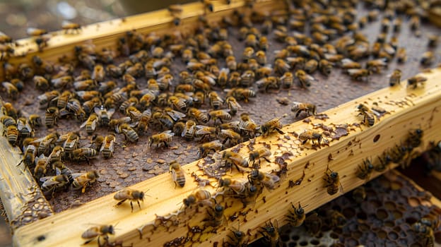 A group of honeybees are perched on a wooden beehive tray in the apiary. These membranewinged insects play a vital role as pollinators in the natural landscape